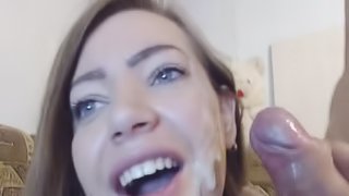 Nerdy Amateur Babe Receives a Huge Load of Cum on Face