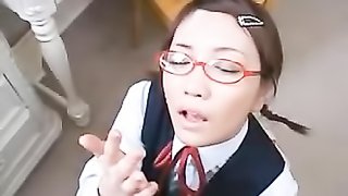nerdy japanese babe hard blowjobs and gets cum on face